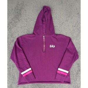Gap Womens Purple Quarter Zip Hoodie Logo Striped Cuffs Cropped Sweatshirt S